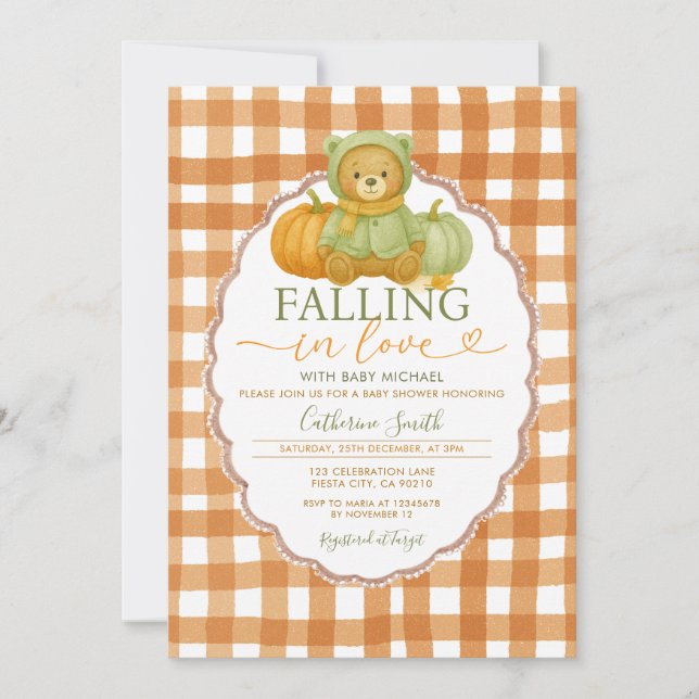 Fall in love Bear Pumpkin Baby shower Gingham Invitation (Front)