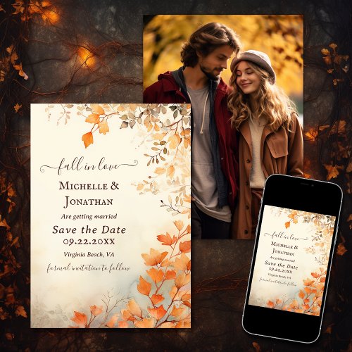 Fall in Love Beautiful Autumn Leaves Wedding Photo Save The Date