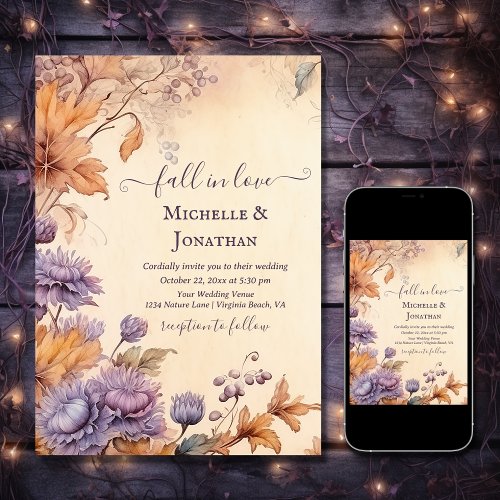 Fall in Love Beautiful Autumn Vintage Fall Wedding Invitation