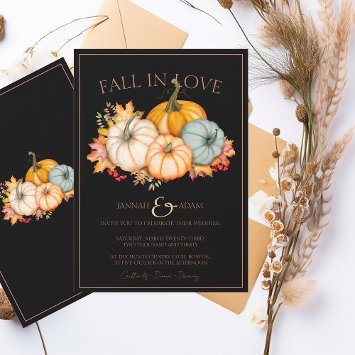Fall in Love Black Autumn Fall Pumpkins Wedding Invitation