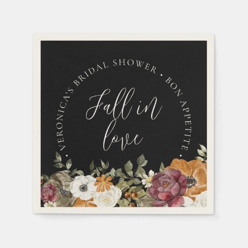 Fall in Love Black Bridal Shower Paper Napkins