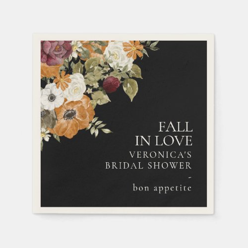 Fall in Love Black Bridal Shower Paper Napkins