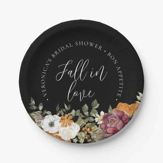 Fall in Love Black Bridal Shower  Paper Plates (Front)