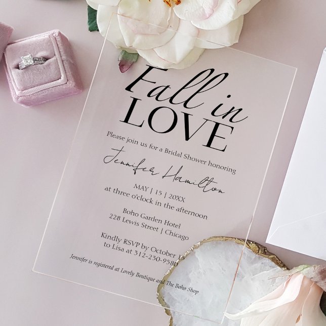 Fall In Love | Black & White Bridal Shower Acrylic Invitations (Creator Uploaded)