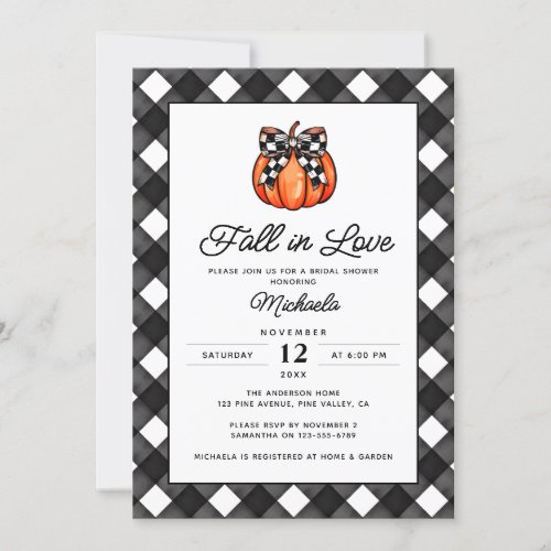 Fall In Love Black  White Plaid Bridal Shower Invitation