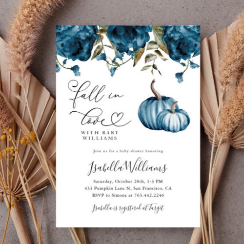 Fall in Love Blue Floral Baby Shower Invitation