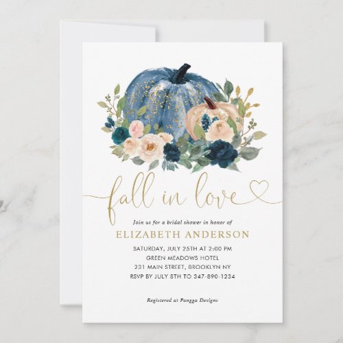 Fall in Love Blue Floral Pumpkin Bridal Shower Invitation
