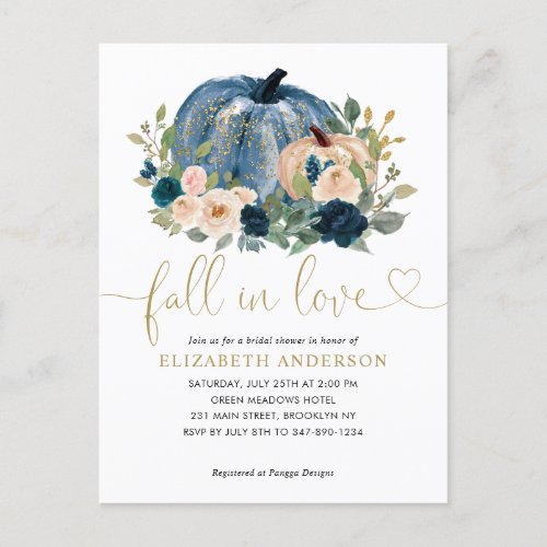 Fall in Love Blue Floral Pumpkin Bridal Shower Postcard