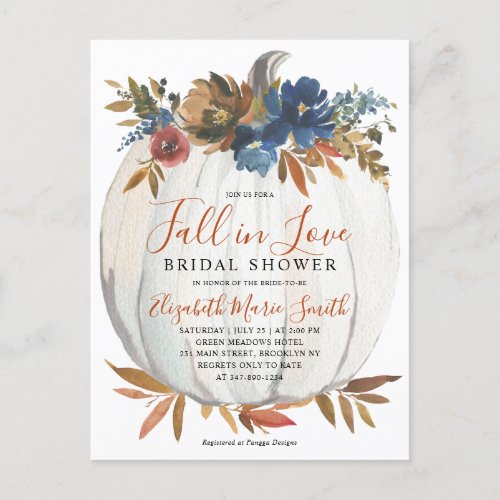 Fall in Love Blue Floral Pumpkin Bridal Shower Postcard