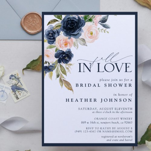 Fall in Love Blue Floral Watercolor Bridal Shower Invitation