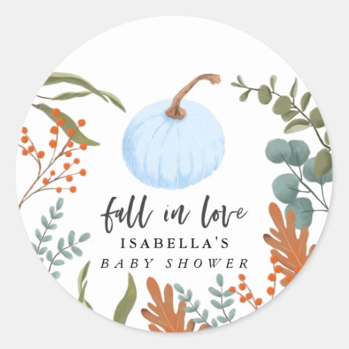 Fall in Love Blue Pumpkin Autumn Baby Shower Classic Round Sticker