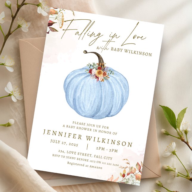 Fall in Love Blue Pumpkin Boy Baby Shower  Invitation (Fall in Love Blue Pumpkin Boy Baby Shower Invitation)