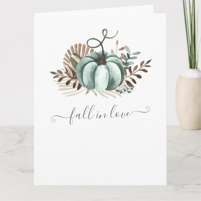 Fall in Love, Blue Pumpkin, Floral Bridal Shower Card (Front)