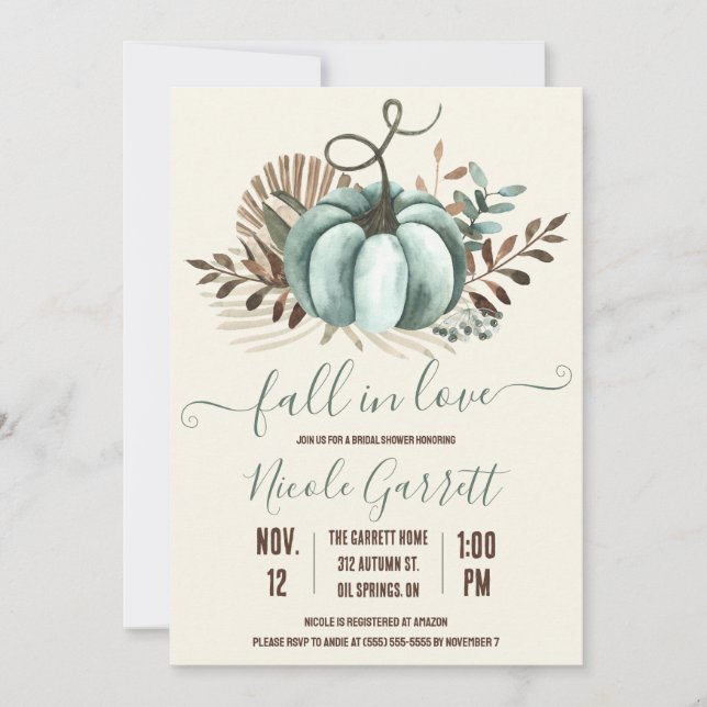 Fall in Love, Blue Pumpkin, Floral Bridal Shower Invitation (Front)