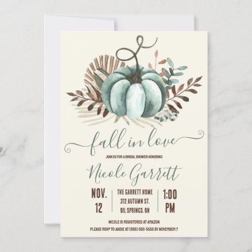 Fall in Love Blue Pumpkin Floral Bridal Shower Invitation