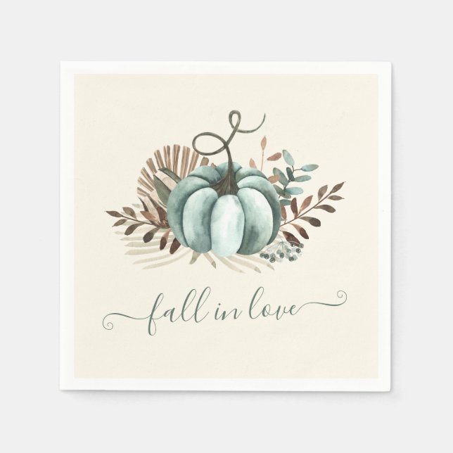 Fall in Love, Blue Pumpkin, Floral Bridal Shower Napkins (Front)