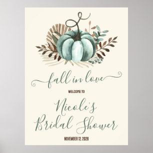 Fall in Love, Blue Pumpkin, Floral Bridal Shower Poster