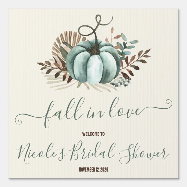 Fall in Love, Blue Pumpkin, Floral Bridal Shower Sign (Front)
