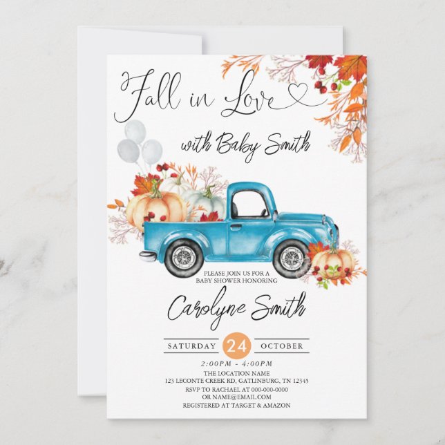 Fall in Love Blue Pumpkin Pickup Truck Baby Shower Invitation (Front)