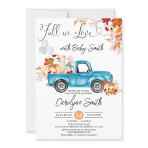 Fall in Love Blue Pumpkin Pickup Truck Baby Shower Invitation
