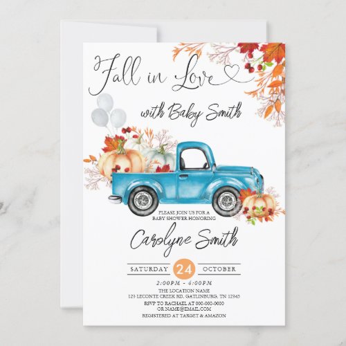 Fall in Love Blue Pumpkin Pickup Truck Baby Shower Invitation