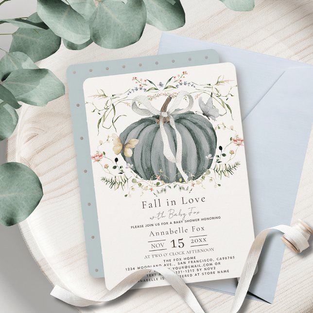 Fall in Love Blue Pumpkin Wildflower Baby Shower Invitation (Creator Uploaded)