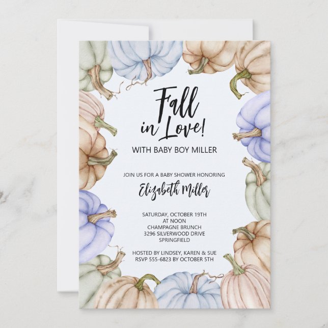 Fall in Love Blue Pumpkins Baby Shower Invitation (Front)