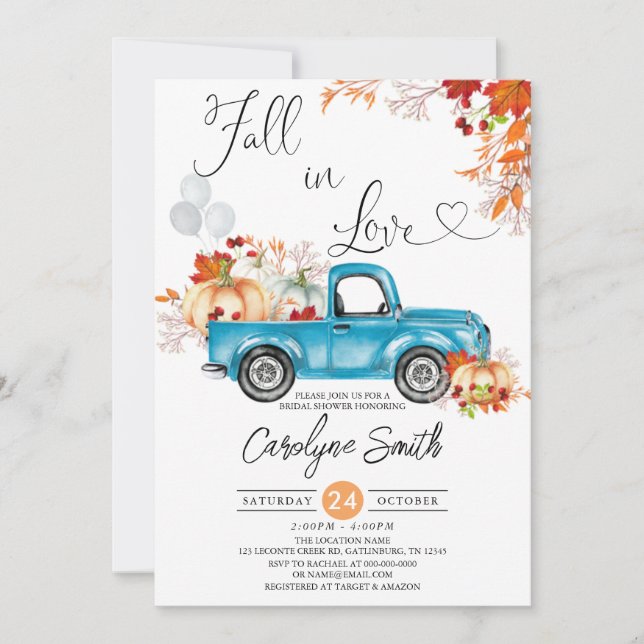 Fall In Love Blue Truck Pumpkin Bridal Shower Invitation (Front)