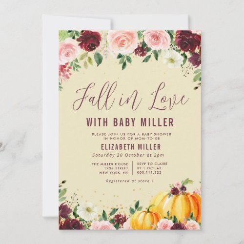 fall in love blush burgundy floral baby shower invitation