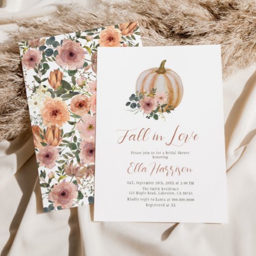 Fall In Love Blush Floral Pumpkin Bridal Shower Invitation