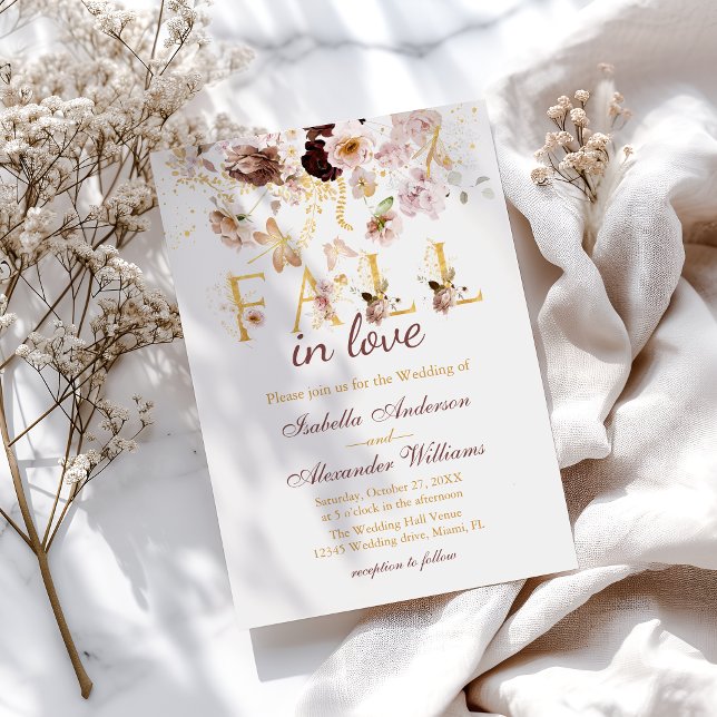 Fall in Love Blush Peony & Gold Burgundy Wedding Invitation (Creator Uploaded)