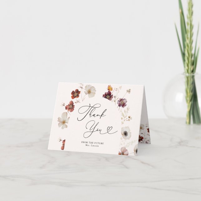 Fall In Love Boho Autumn Bridal Shower Floral Arch Thank You Card (Front)