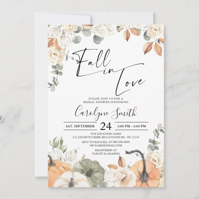 Fall in Love Boho Autumn Pumpkin Bridal Shower Invitation (Front)
