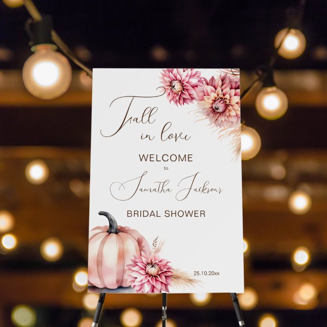 Fall in love boho bridal shower welcome sign (Fall in love boho bridal shower welcome sign board desert pink pumpkin dahlias autumn themed bridal)