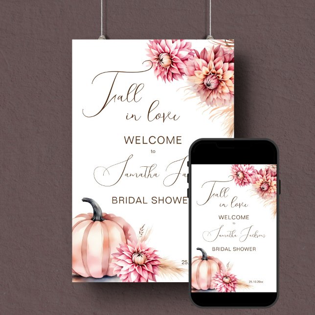 Fall in love boho bridal shower welcome sign (Fall in love bridal shower welcome sign poster digital download earthy dusty pink pumpkin & dahlias)