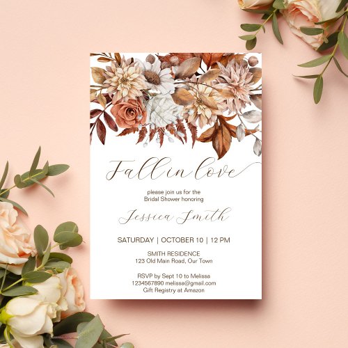 Fall in love boho brown flowers bridal shower invitation