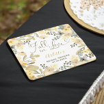 Fall in love boho floral autumn chic bridal shower square paper coaster<br><div class="desc">Fall in love boho floral autumn chic bridal shower coaster featuring pretty green,  yellow,  mustard and khaki flowers frame with foliage and eucalyptus. A boho inspired fall autumn bridal shower theme with a modern heart script typography .</div>