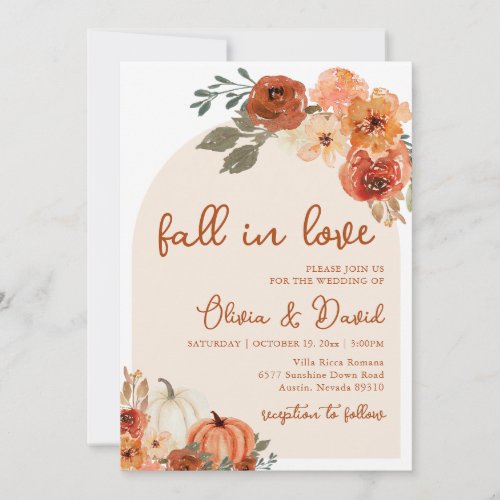 Fall in Love Boho Floral Pumpkin Autumn Wedding Invitation