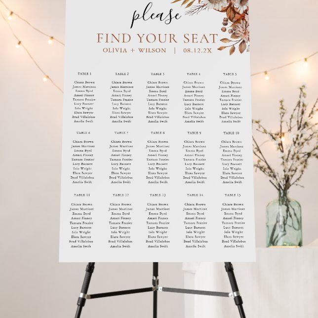 Fall in love | Boho Flowers Wedding Seating Chart Foam Board (In Situ (Stand))