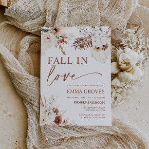 Fall in Love Boho Pampas Bridal Shower  Invitation