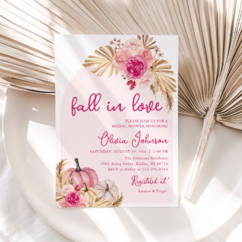 Fall in Love Boho Pink Pumpkin Bridal Shower Invitation