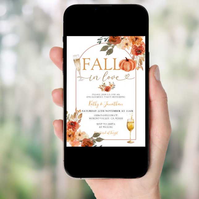 Fall in Love Boho Pumpkin Arch Engagement Party Invitation (Front Digital)