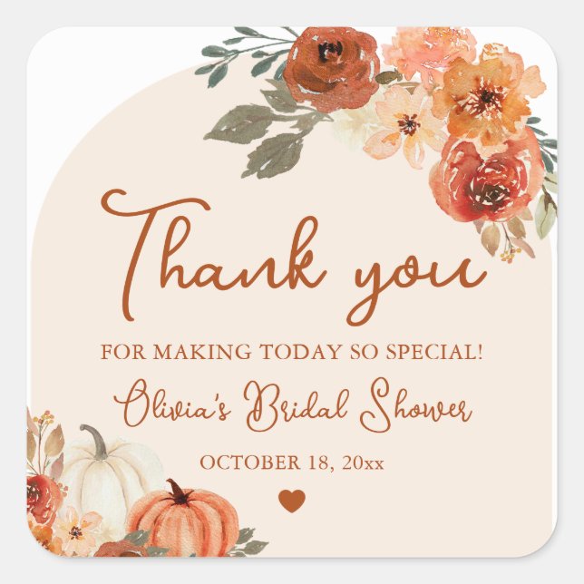 Fall in Love Boho Pumpkin Bridal Shower Thank You  Square Sticker (Front)