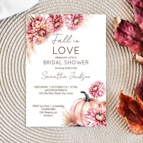 Fall in love boho pumpkin dahlias bridal shower invitation