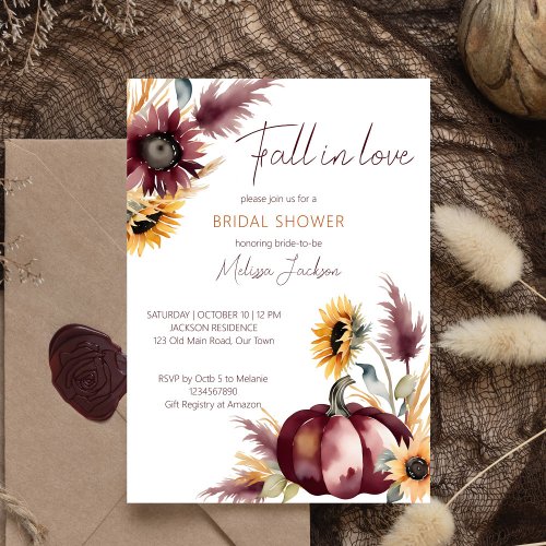 Fall in love boho pumpkin sunflower bridal shower invitation