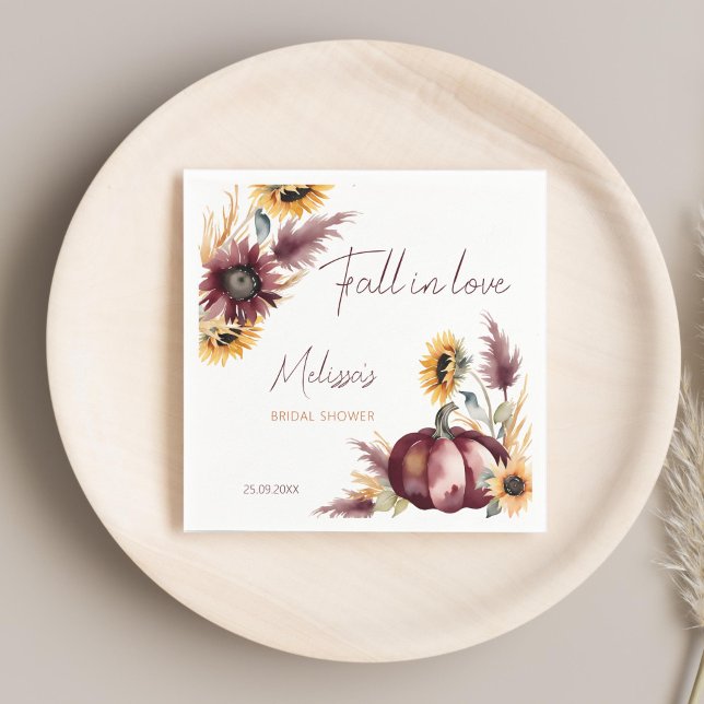 Fall in love boho pumpkin sunflower bridal shower napkins (Fall in love boho pumpkin sunflowers autumn bridal shower personalized printed napkins template )