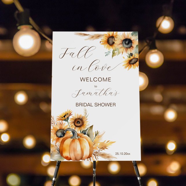 Fall in love boho pumpkin sunflowers welcome sign (Fall in love boho sunflowers pumpkin template welcome sign board fall themed bridal shower decor)
