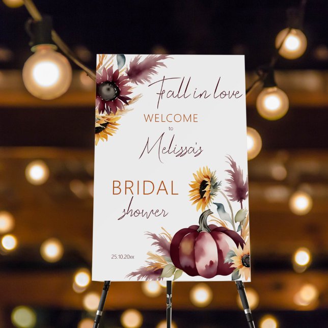 Fall in love boho pumpkin sunflowers welcome sign (Fall in love boho pumpkin sunflowers bridal shower welcome sign board burgundy pumpkin pampas grass)