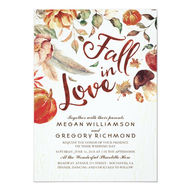 Fall In Love Boho Rustic Floral Pumpink Wedding Invitation