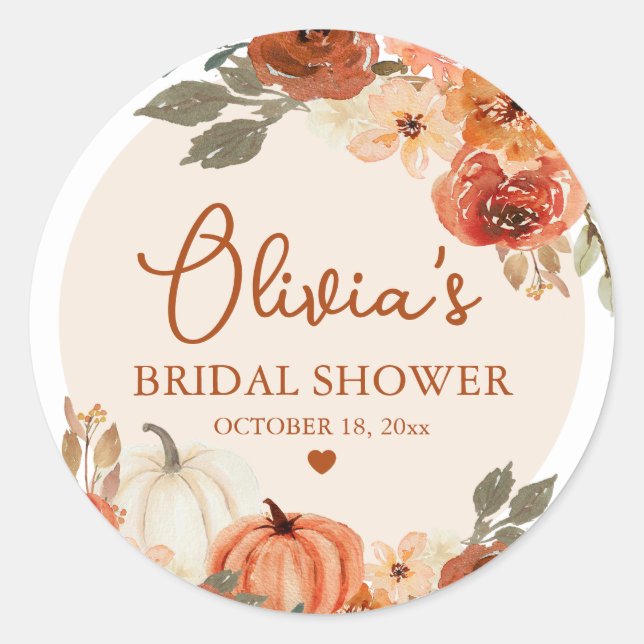 Fall in Love Boho Terracotta Pumpkin Bridal Shower Classic Round Sticker (Front)